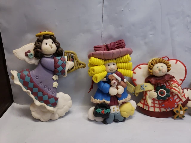5 Hand Made Fimo Clay Primitive Christmas Ornaments Angels