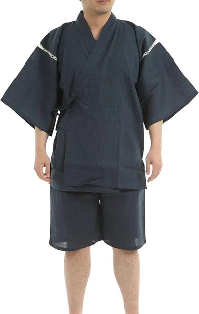 Edoten Men's Japan Kimono Jimbei SIJIRAORI 100% Cotton, XL, Navy Blue, EJ705