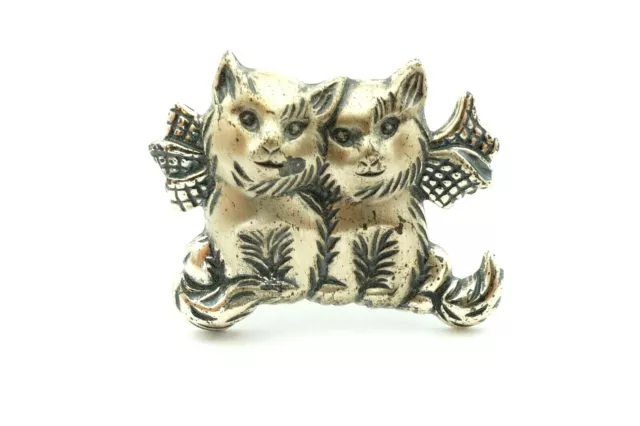 Vintage Beau Sterling Silver Sitting Kitty Cats With Bow Pin Brooch