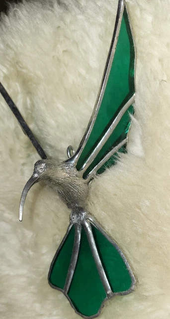 Stained Glass Hummingbird Window Hanging Sun Catcher Emerald Green Pewter