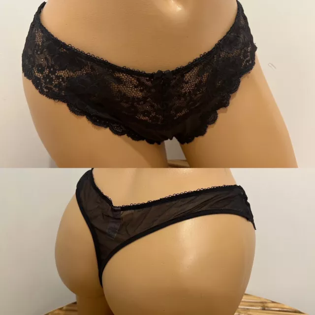 VINTAGE VICTORIAS SECRET ANGELS BLACK MESH LACE THONG PANTY sz L