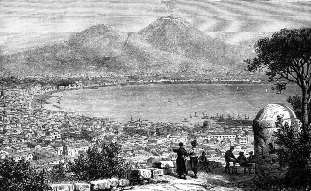 ITALY - Panoramic view of NAPLES and VESUVIUS in the 19th century - 19th century engraving