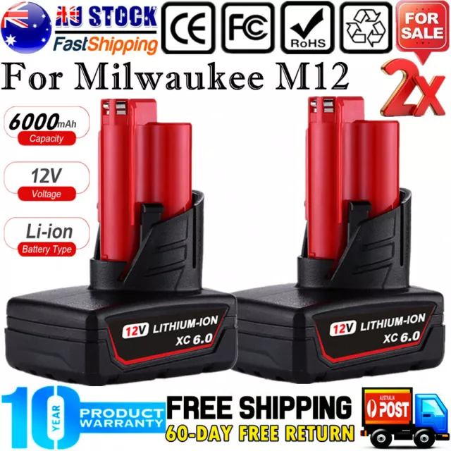 2x for Milwaukee 12V Battery XC 6.0Ah M12 48-11-2402 48-11-2412 48-11-2440 M12B4