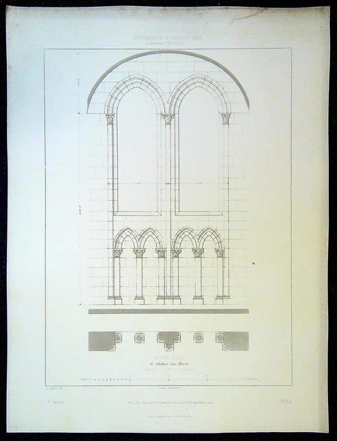 Antique Architectural Engraving N. Dame de Chalon sur Marne nave windows