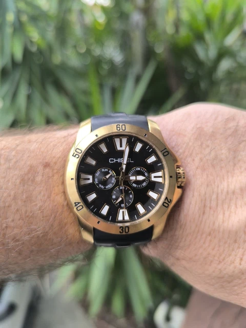 CHISEL GOLD-TONE STAINLESS Steel Black Dial 100m Quartz Mens Watch ...