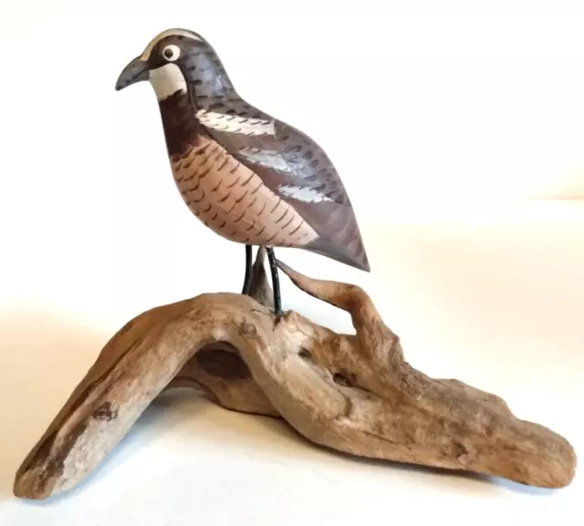 Hand Carved Hand Painted Wood Bird Figurine Sculpture on Driftwood Branch