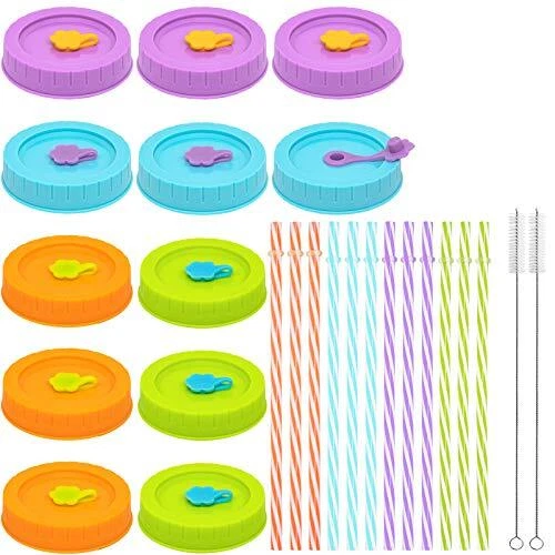 REGULAR Mouth Mason Jar Lids for Ball, Kerr, etc with Straw Hole/Straws/Silic...
