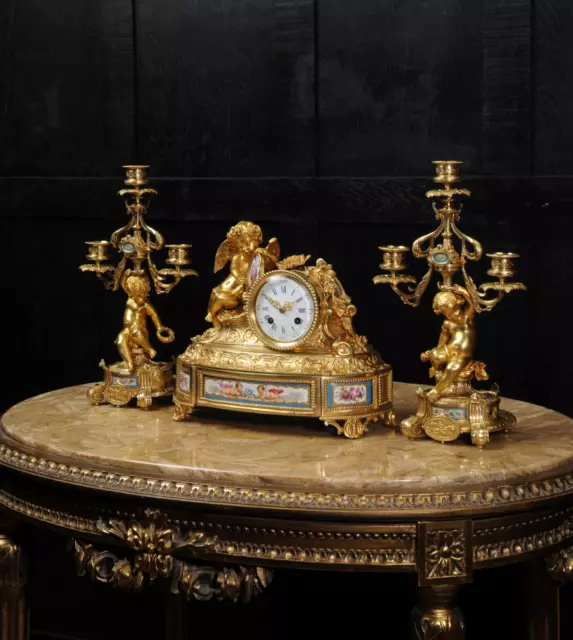 Japy Freres ~ Early French Ormolu And Sevres Porcelain Clock Set C1850 ~ Cherubs 2