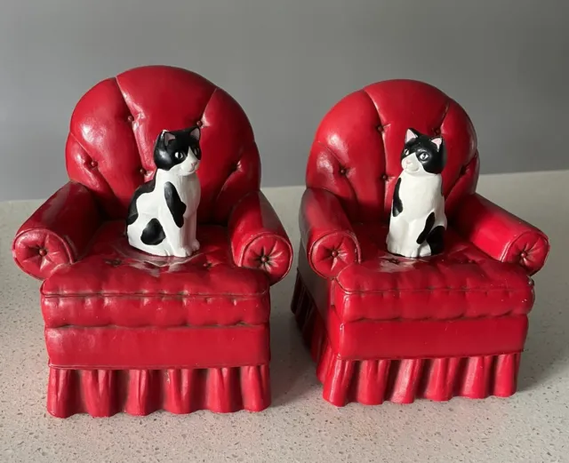 Vintage Hallmark Black / White Cat on Red Chair Bookends, 5" Tall, 1989, Heavy