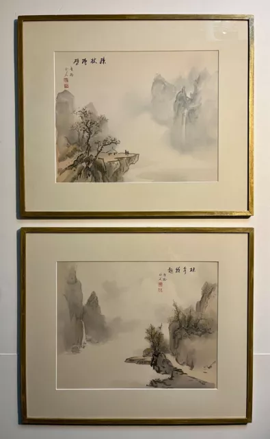 Set of Two Rare Vintage Chinese Silk Watercolor Ink Paintings Signed and Stamped