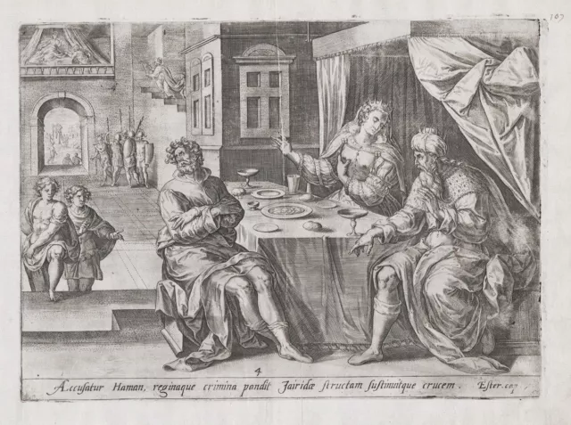 J.Collaert J.Snellinck Esther accusing Haman Bible Kupferstich engraving 1580