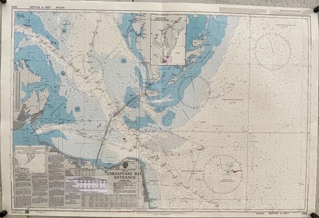 Grande carte de l'eau vintage baie de Chesapeake 44x36 bateau voile pêche