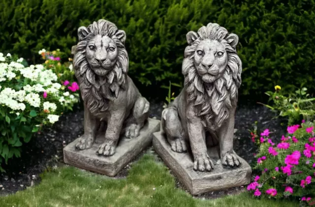 Outdoor Lions Pair Statue Garden Animals Figure Concrete Entrance Decoration 14"