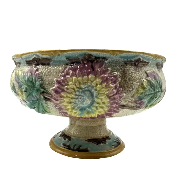 Antique Majolica Footed Compote Centerpiece Flowers Leaves Pink Bowl
