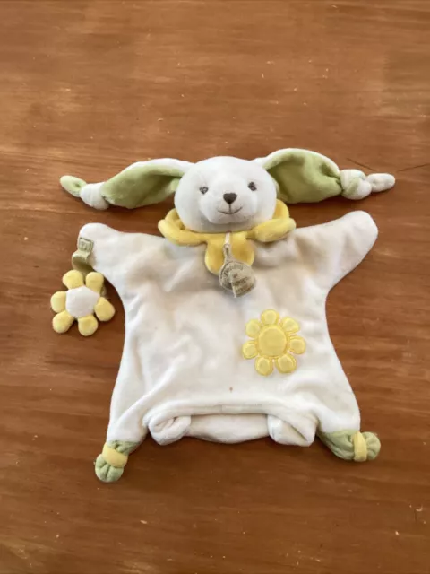 Doudou Et Compagnie Marionnette Lapin Blanc Beige Vert Jaune Fleur Marguerite