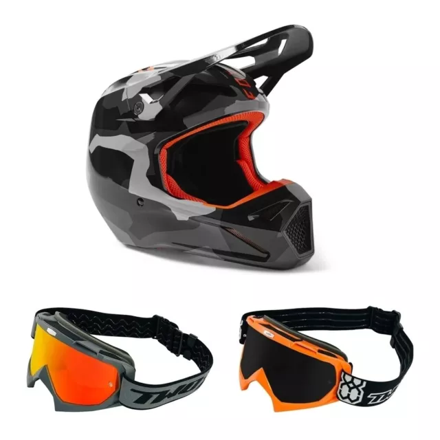 Casque Motocross Avec Lunettes FOX V1 Bknr Casque Cross Gris Camo TWO-X MX Combo