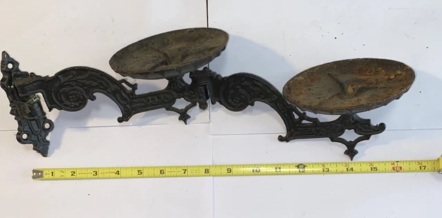 antique Victorian Gothic swinging cast iron double oil lamp wall bracket