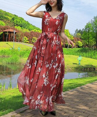 Vicky and Lucas Red & Pink Floral Belted Sleeveless Maxi Dress Size Large