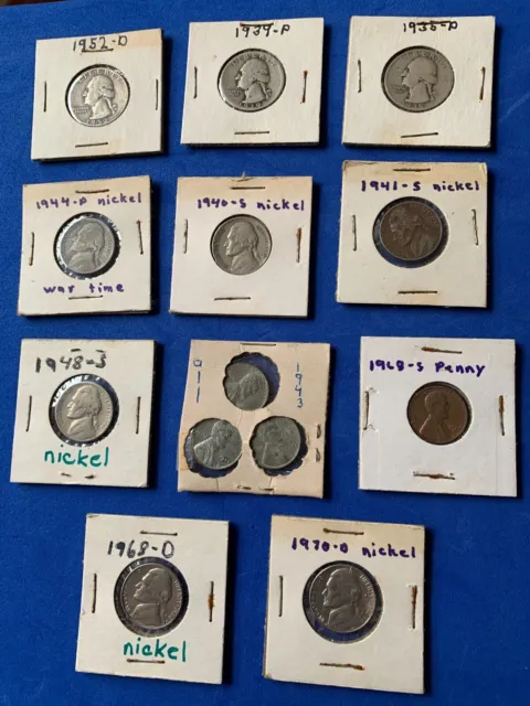 Mini US coin collection with silver Washington quarters, nickels & 3 steel cents