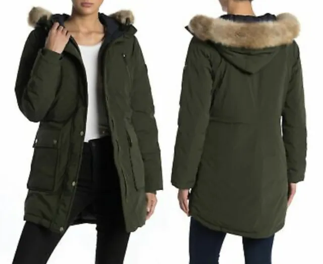 MICHAEL KORS XL Jacket Coat Ivy Green Missy Faux Fur Trim Hood Down ...