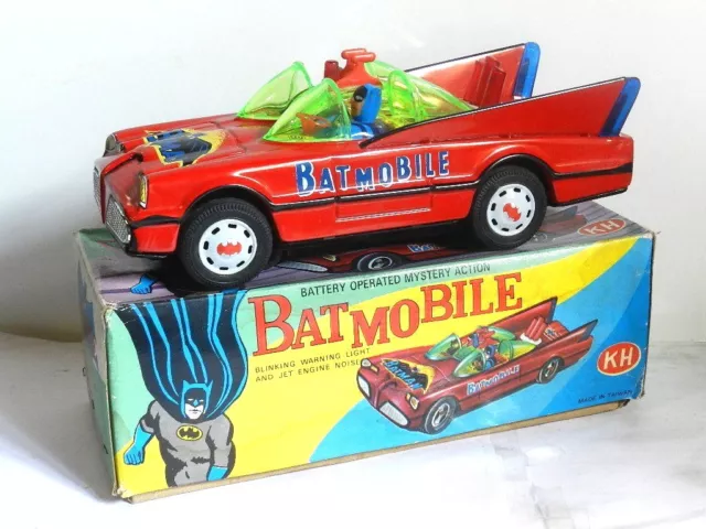 VINTAGE TIN TOY Batmobile Batman Robin Battery Operated Red Nib