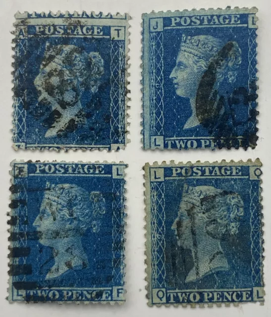 4 x Great Britain QV Two Penny Blue Perf Stamps Plate 9