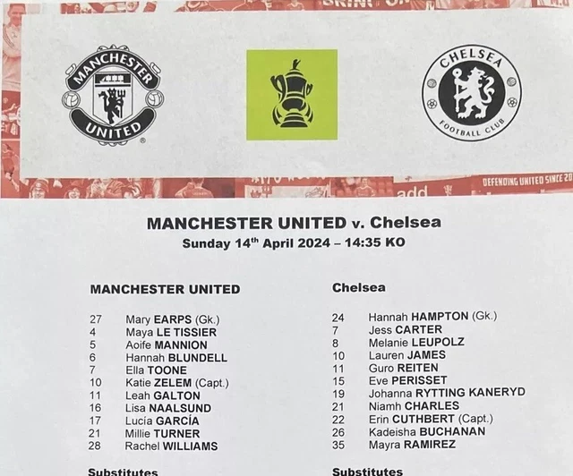 OFFICIAL TEAMSHEET 2024 WOMANS FA CUP SEMIFINAL MANCHESTER UTD WOMEN v