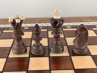 Large Handmade Wooden Chess Set 21" Hand Carved Board Pieces Full Vintage Game