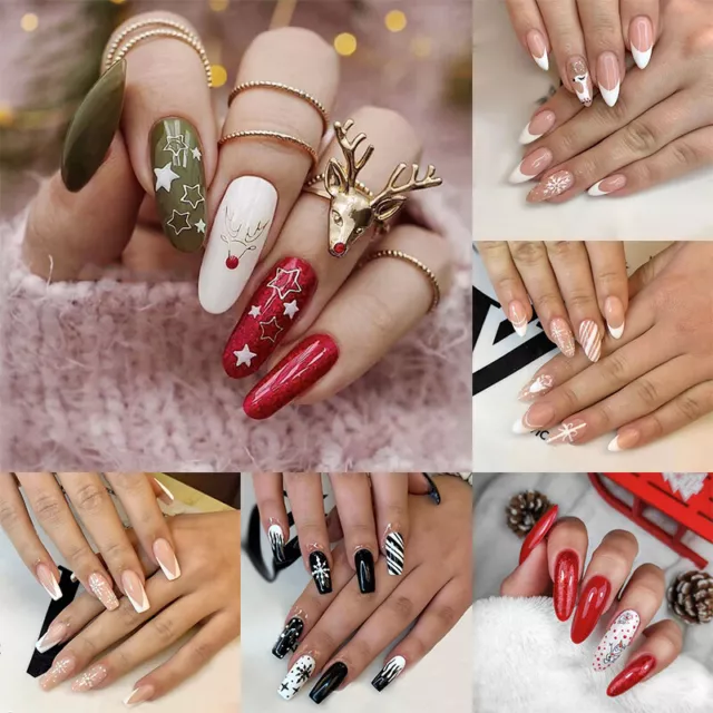 24 piezas Navidad Falsa Uñas Cubierta Completa Artificial Larga Cuadrada Decoración de Uñas/