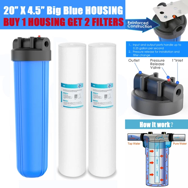20& X 4.5& Big Blue Water Filter Housing 1" FNPT +2pcs Sediment Filter