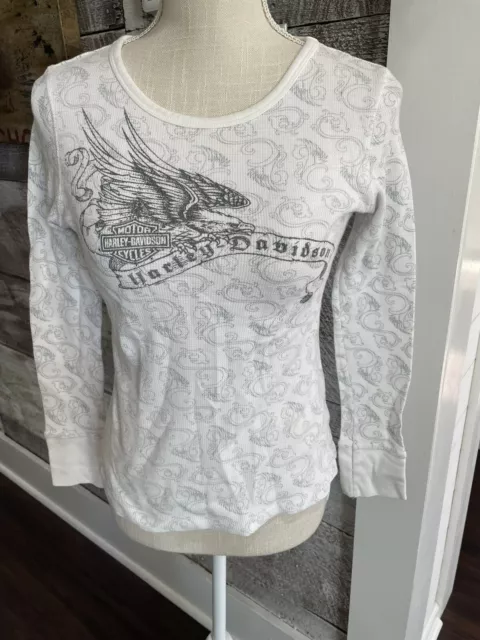 HARLEY-DAVIDSON Shirt Women's  White Small Long Sleeve Waffle Knit Thermal