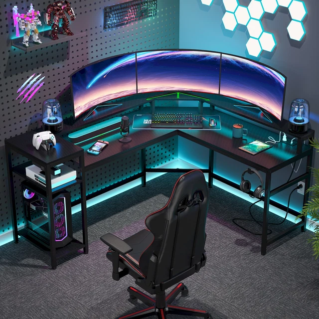 LSHAPED GAMING DESK with Power Outlets LED Strips, Corner Study