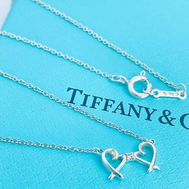 Tiffany & Co. Single Diamond Double Loving Heart Pendant Necklace Silver 925