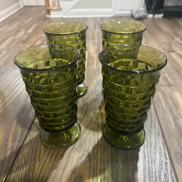 VTG Indiana Glass Whitehall Avocado Green Cubist Tumblers 6”  Set Of 4