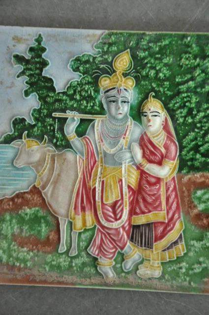 Vintage Lord Krishna & Radha Figurine Colorful Ceramic Tile, Japan? 3
