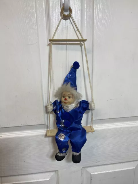 Vintage Circus Clown Doll Porcelain Head String Marionette Puppet on Swing