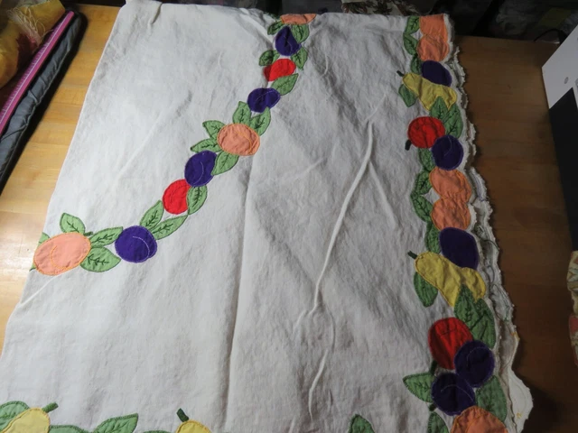 Vtg Cotton Linen Tablecloth Fruit Applique Embroidery Handcrafted 64x52 Kitchen