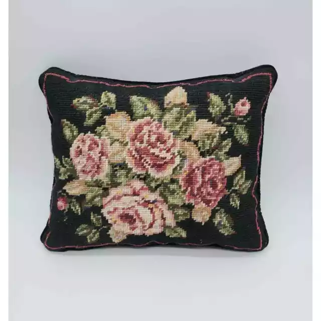 Small Decorative Needlepoint Pillow Black With Roses