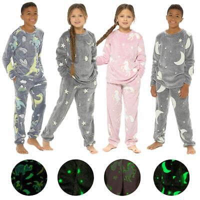 Glow In The Dark Pyjamas Kids Boys Girls Fleece Winter Long Pyjama Set Nightwear