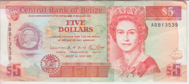 Belize Banknote P. 53b-3539 5 Dollars 1.6.1991, Prefix AB, QE II, VF   2001
