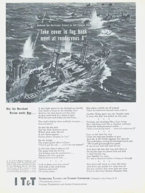 1943 WWII IT&T radio telegraph Navy ships battle military war vtg ART PRINT AD