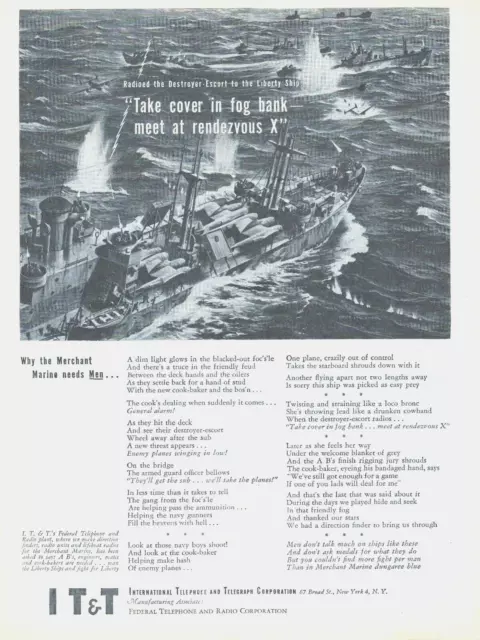 1943 WWII print ad IT&T radio telegraph Navy ships in battle
