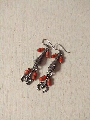 Moroccan Silver Berber Earrings with Old Coral Beads , Berber Earrings, Moroccan