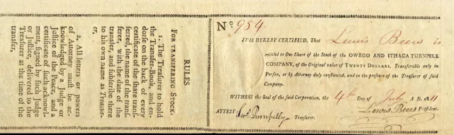 1811 Owego & Ithaca Turnpike Stock Certificate