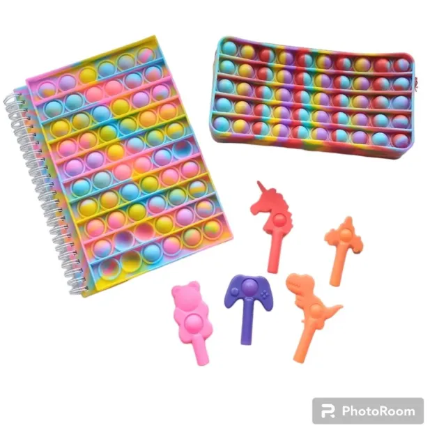 Pop It Back To School Bundle - Pencil Case, Notebook, Pencil Toppers - 7 Pieces