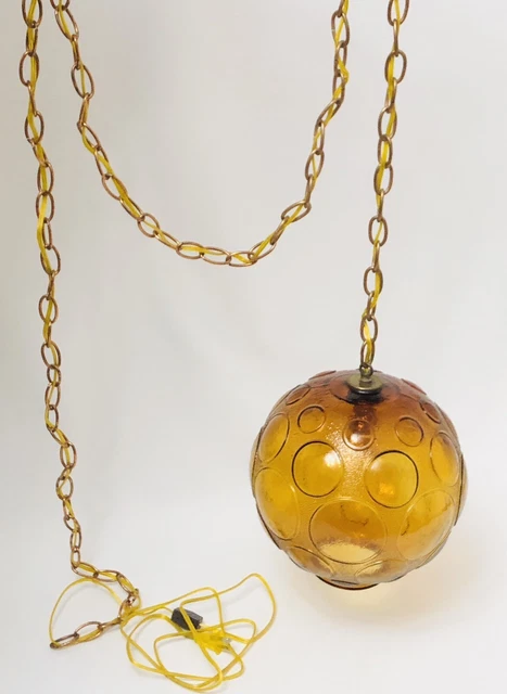 Mid Century Modern Amber Swag Lamp Glass Bubble Globe 10" Diameter New Wiring