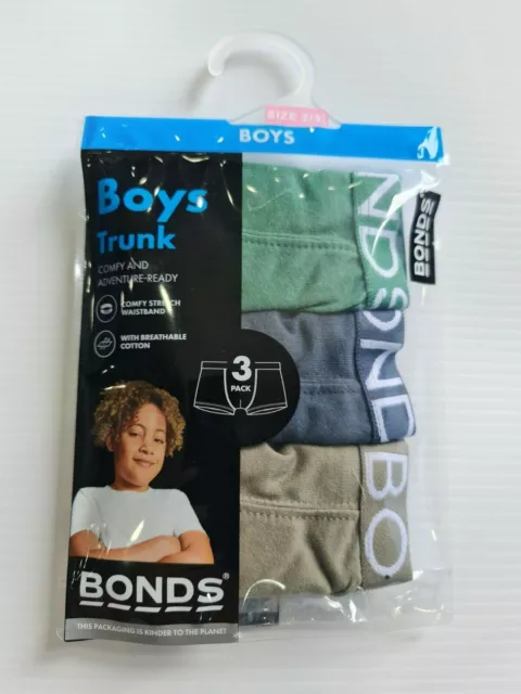 Bonds Boys Kids 3 Pack Cotton Trunks Underwear sizes 2 3 6 8 12 14 Colour Khaki