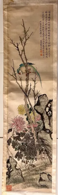 Antique Vertical Silk Scroll painting parrot on flowering branch