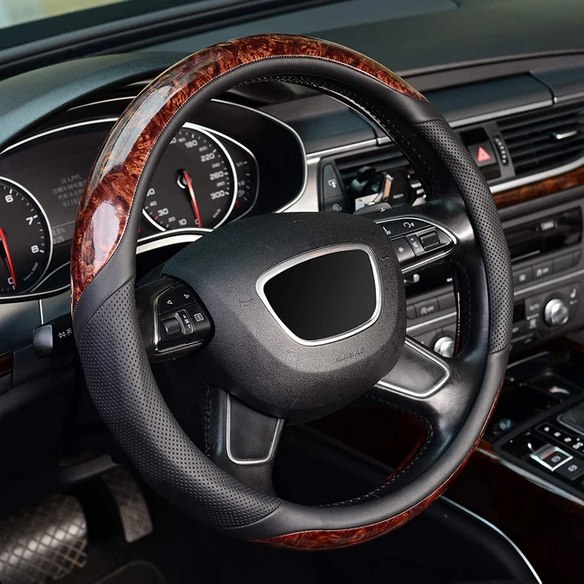 Wood Grain Steering Wheel Cover, Universal 15 Inch, Microfiber Leather,Anti-Slip