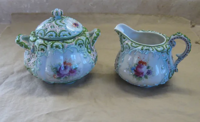 Antique Nippon Moriage Creamer & Sugar Hand Painted Floral Heavily Beaded